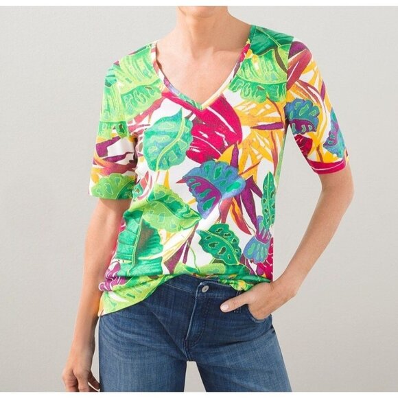 Chicos XXL Vibrant Tropical Retro Leaf Print Top Multicolor T-Shirt NWOT - Picture 1 of 11